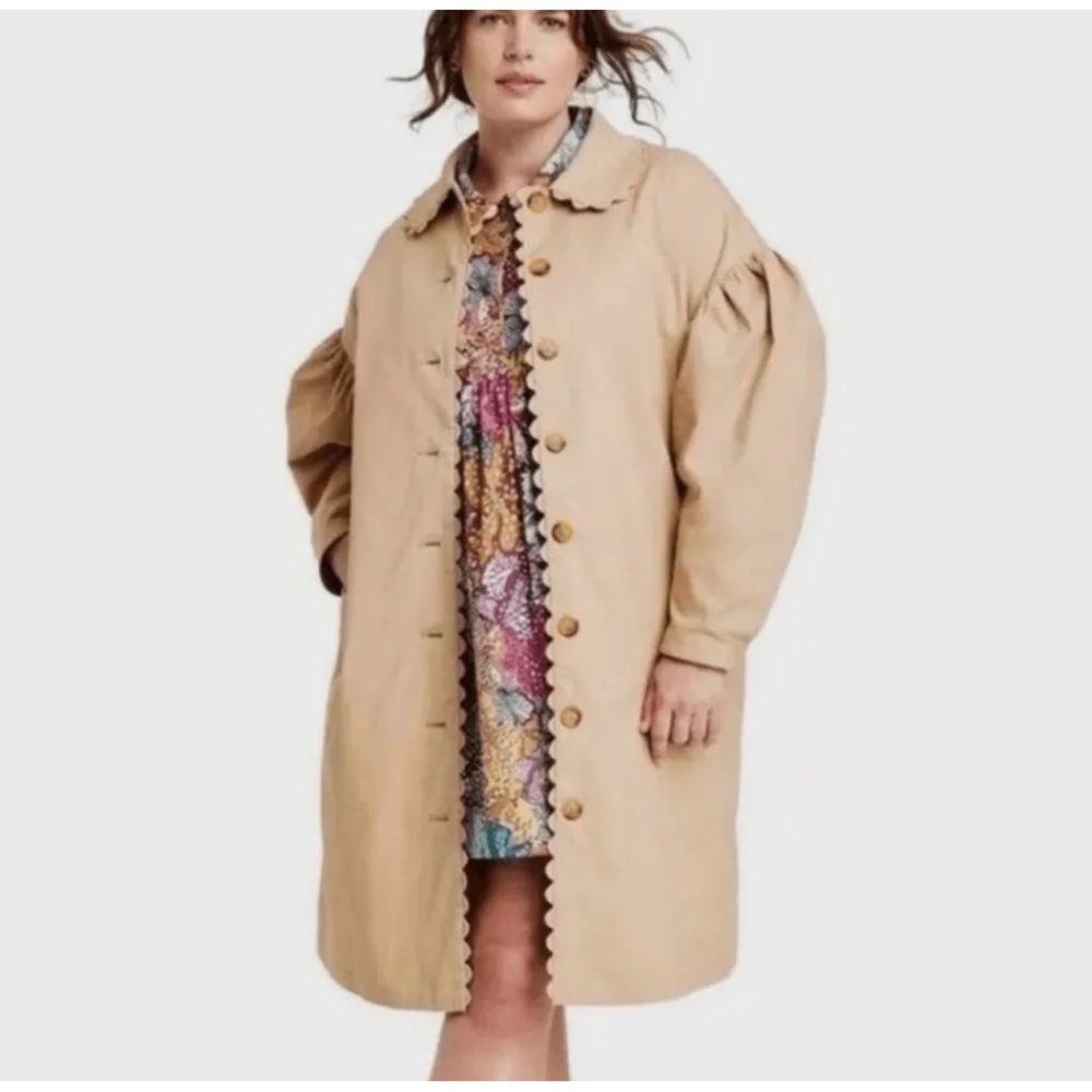 Kika Vargas Target Coat Womens 1X Khaki Trench Jacket Puff Sleeves Scallop Trim